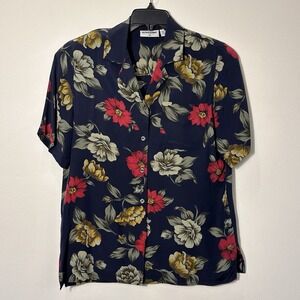 Alfred Dunner Women's VNT Silk Hawaiian Shirt Sz 10 Floral Navy Resort Career